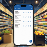 Mobile device displaying a store list, superimposed on a background of well-organized grocery store shelves.