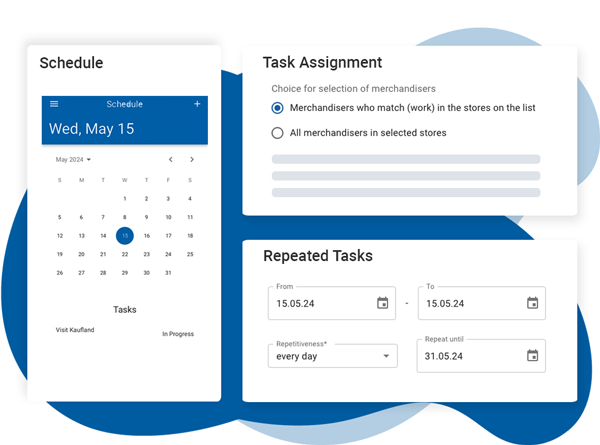 Dashboard showing schedule, task assignment options, and repeated tasks settings on the Movemar Merchandising platform.