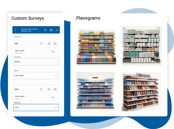 Dashboard displaying custom surveys and planograms on the Movemar Merchandising platform.