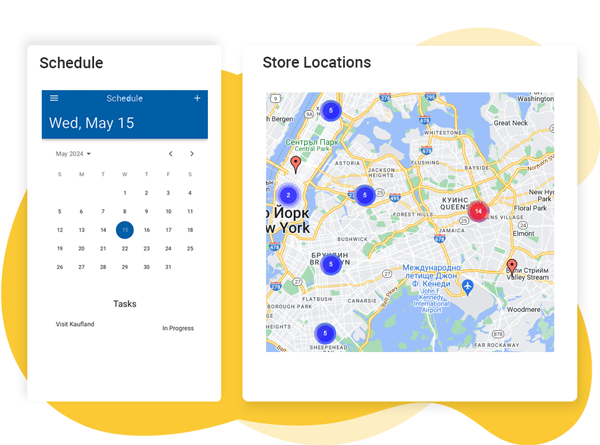 Dashboard displaying a schedule calendar and store locations map on the Movemar Merchandising platform.