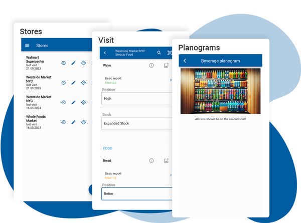 Dashboard displaying store list, visit details, and planograms on the Movemar Merchandising platform.