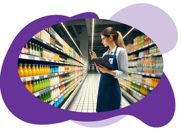 Merchandiser using a mobile device and holding a clipboard in a store aisle with well-organized shelves.