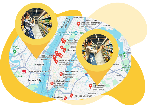 Map showing multiple store locations with insets of merchandisers working on product displays in a store aisle.