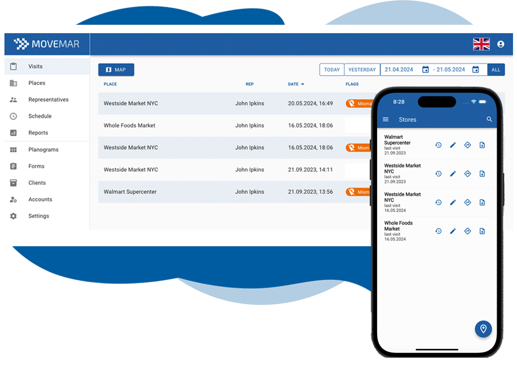 Dashboard and mobile view of the Movemar Merchandising platform showing visits, places, schedule, and reports.