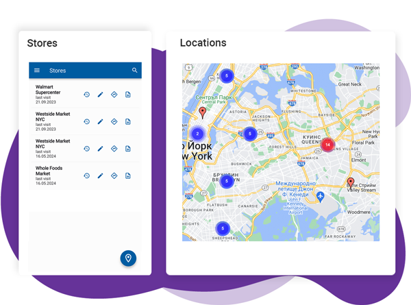 Dashboard displaying store listings and their locations on a map on the Movemar Merchandising platform.