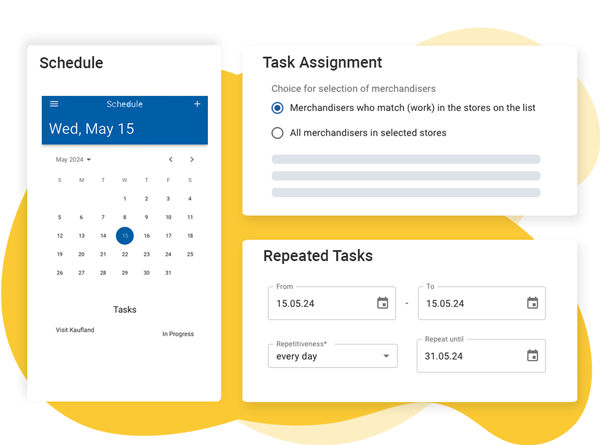 Dashboard displaying schedule, task assignment options, and repeated tasks settings on the Movemar Merchandising platform.