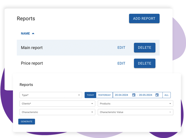 Dashboard displaying report management and generation features on the Movemar Merchandising platform.