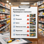 Чеклист за проверка на планограма в магазин: лица, позиция, цена, липса на стока, фронтинг и промо материали.