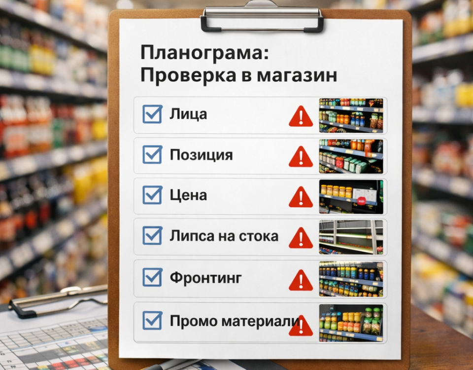 Чеклист за проверка на планограма в магазин: лица, позиция, цена, липса на стока, фронтинг и промо материали.