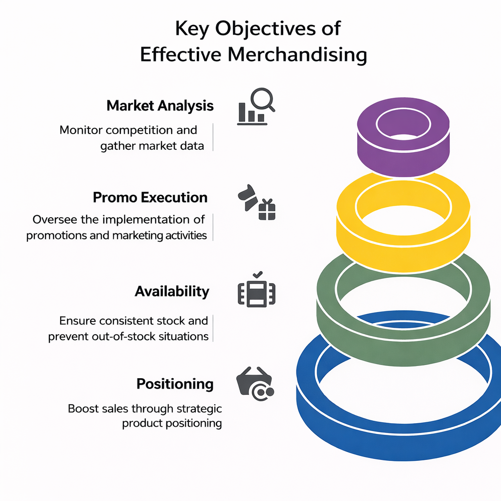 Infographic titled “Key Objectives of Effective Merchandising” highlighting market analysis, promo execution, availability, and positioning.