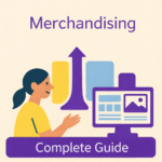 Illustration titled “Merchandising – Complete Guide” showing a professional reviewing retail data on a computer with upward growth graphics.