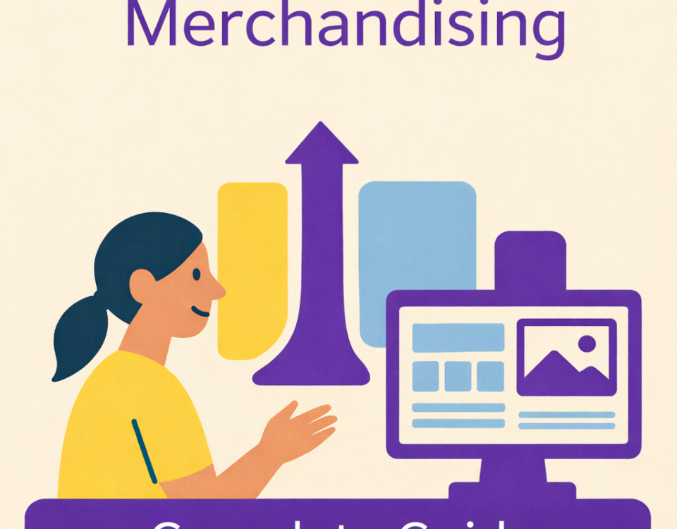 Illustration titled “Merchandising – Complete Guide” showing a professional reviewing retail data on a computer with upward growth graphics.