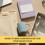 Corporate gift items including a notebook, mug, T-shirt, and packaging box with the text “When to send corporate gifts in your sales cycle.”