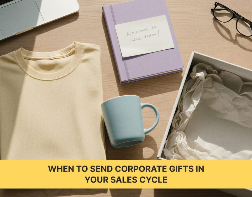 Corporate gift items including a notebook, mug, T-shirt, and packaging box with the text “When to send corporate gifts in your sales cycle.”